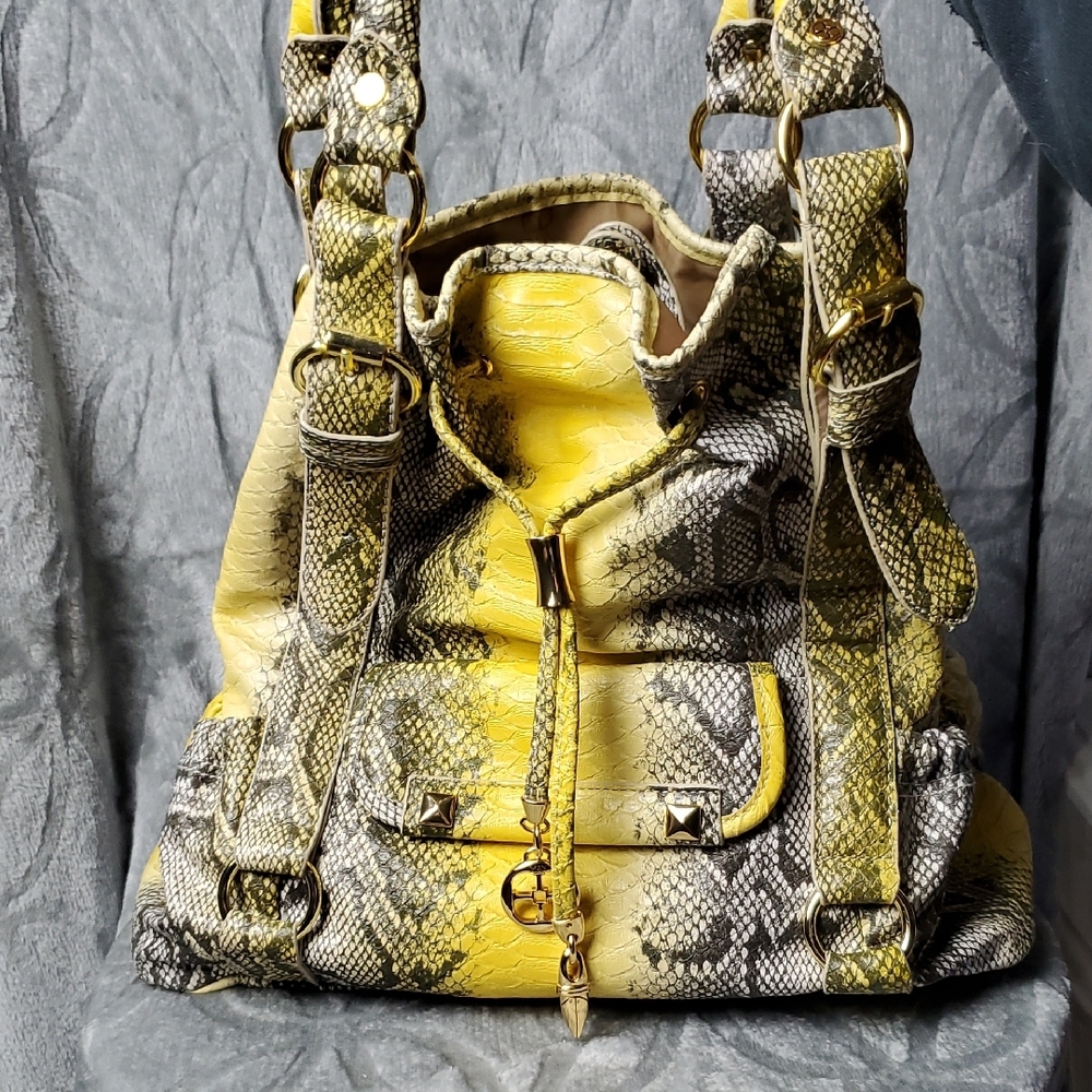 IMAN Yellow and Gray Shoulder Bag with Snakeskin Pattern